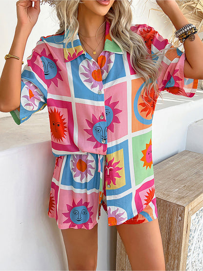 2 Pieces Graphic Printed Short Sleeves Shirt & Shorts Beach Set