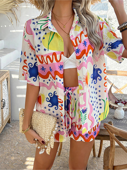 2 Pieces Graphic Printed Short Sleeves Shirt & Shorts Beach Set