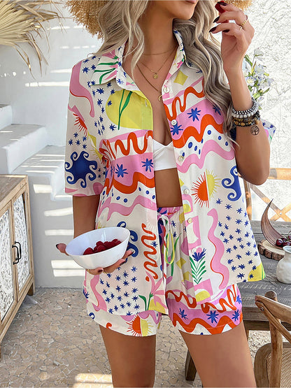 2 Pieces Graphic Printed Short Sleeves Shirt & Shorts Beach Set