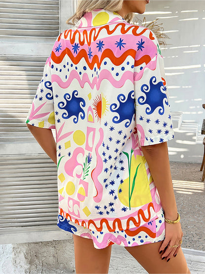 2 Pieces Graphic Printed Short Sleeves Shirt & Shorts Beach Set