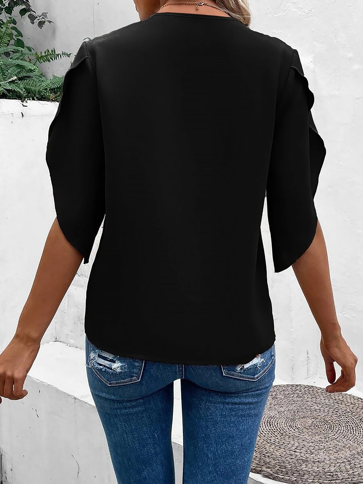 V Neck Lace Trim Trumpet Sleeve Loose Fit Blouse