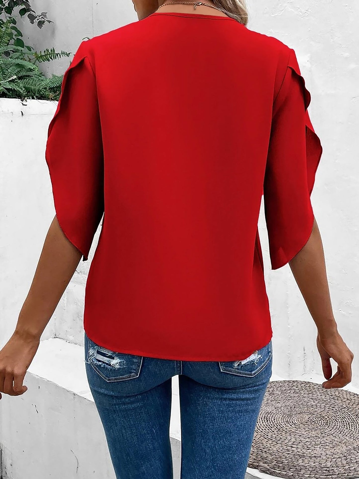 V Neck Lace Trim Trumpet Sleeve Loose Fit Blouse