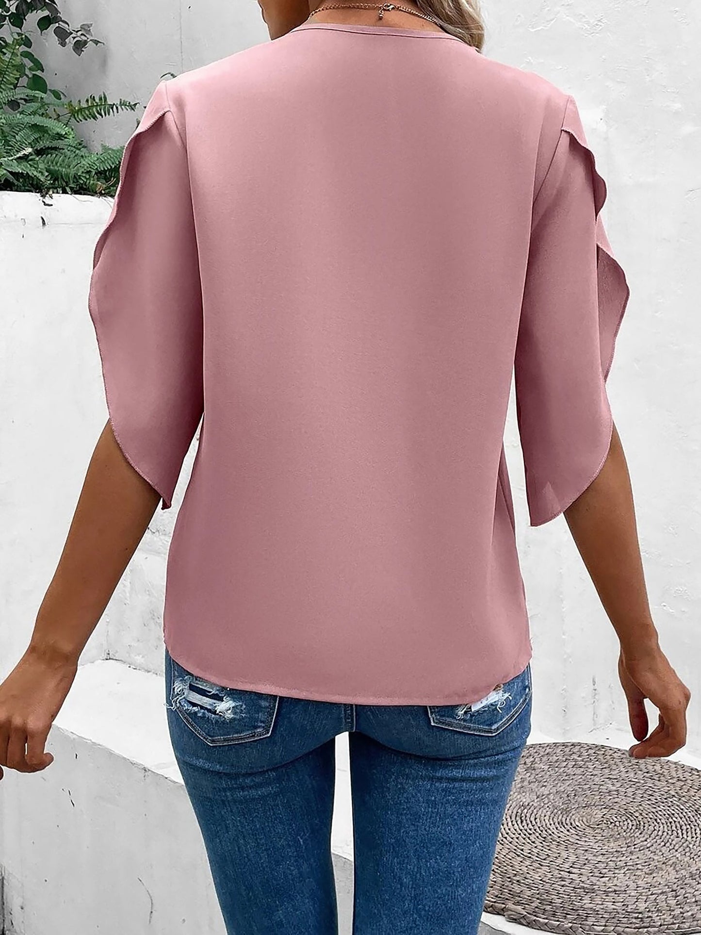 V Neck Lace Trim Trumpet Sleeve Loose Fit Blouse