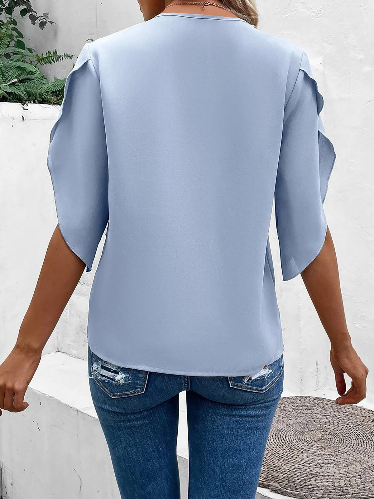 V Neck Lace Trim Trumpet Sleeve Loose Fit Blouse