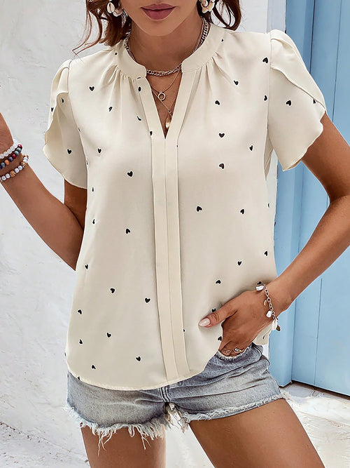 Notch Neck Heart Print Short Sleeves Blouse