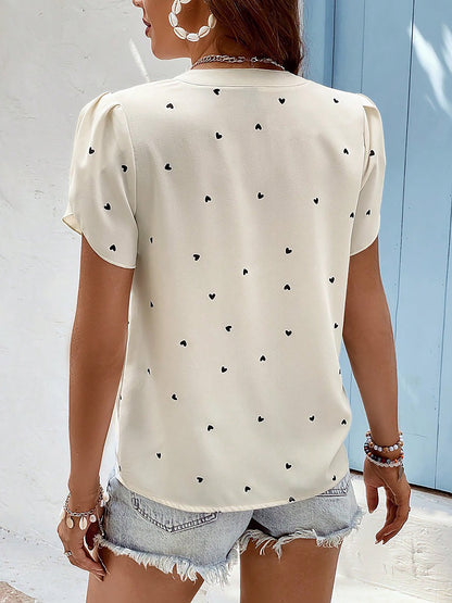 Notch Neck Heart Print Short Sleeves Blouse