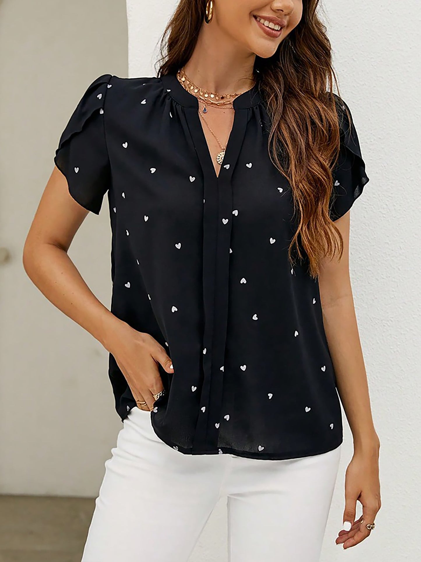 Notch Neck Heart Print Short Sleeves Blouse