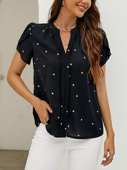 Notch Neck Heart Print Short Sleeves Blouse