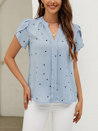 Notch Neck Heart Print Short Sleeves Blouse