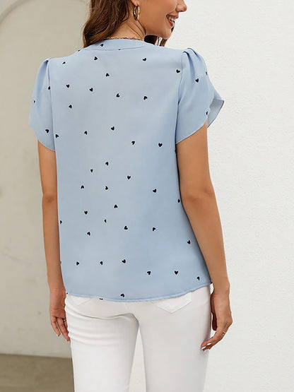 Notch Neck Heart Print Short Sleeves Blouse