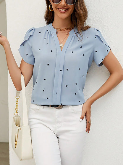 Notch Neck Heart Print Short Sleeves Blouse