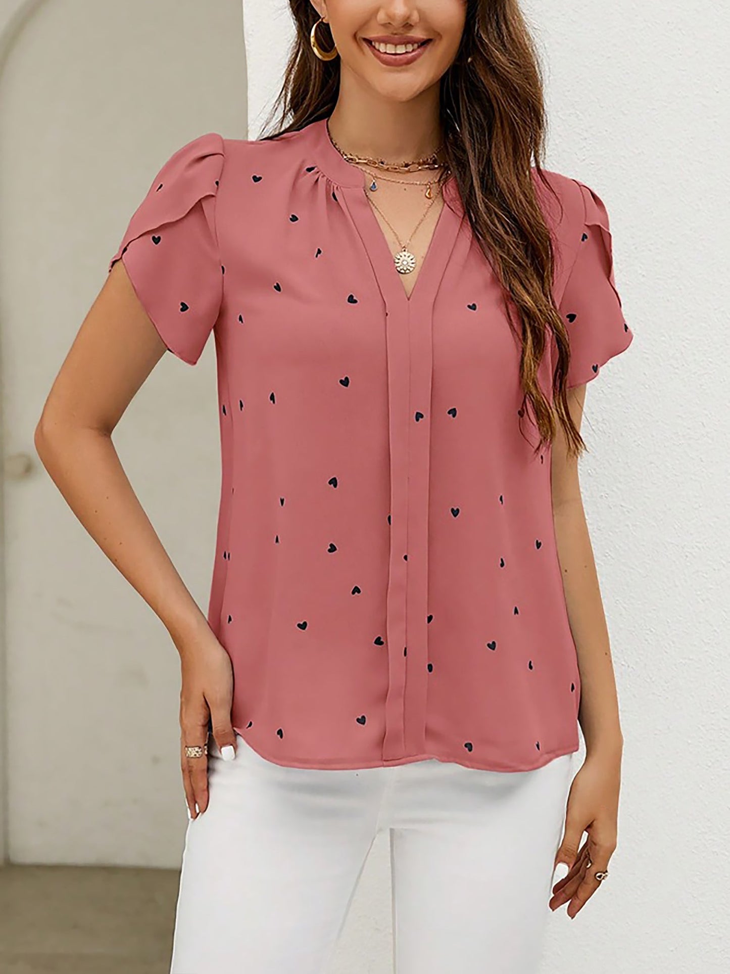 Notch Neck Heart Print Short Sleeves Blouse
