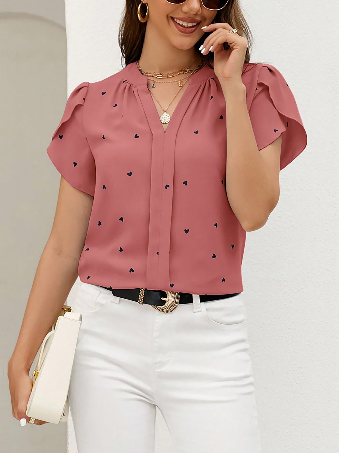 Notch Neck Heart Print Short Sleeves Blouse
