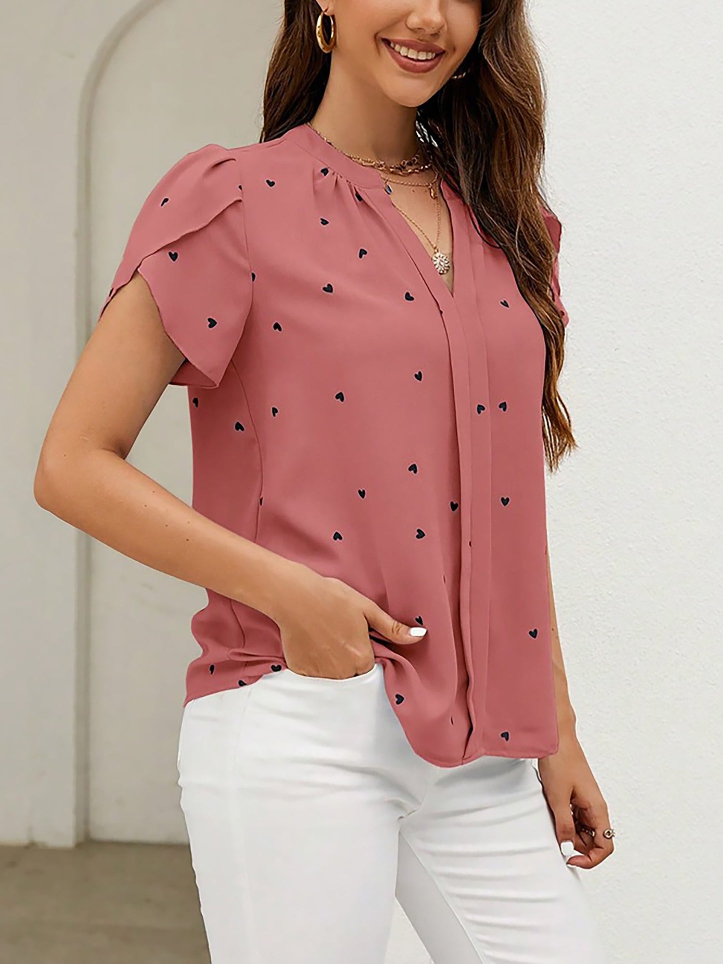 Notch Neck Heart Print Short Sleeves Blouse