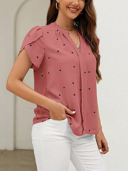 Notch Neck Heart Print Short Sleeves Blouse