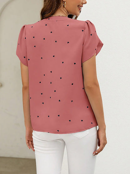 Notch Neck Heart Print Short Sleeves Blouse