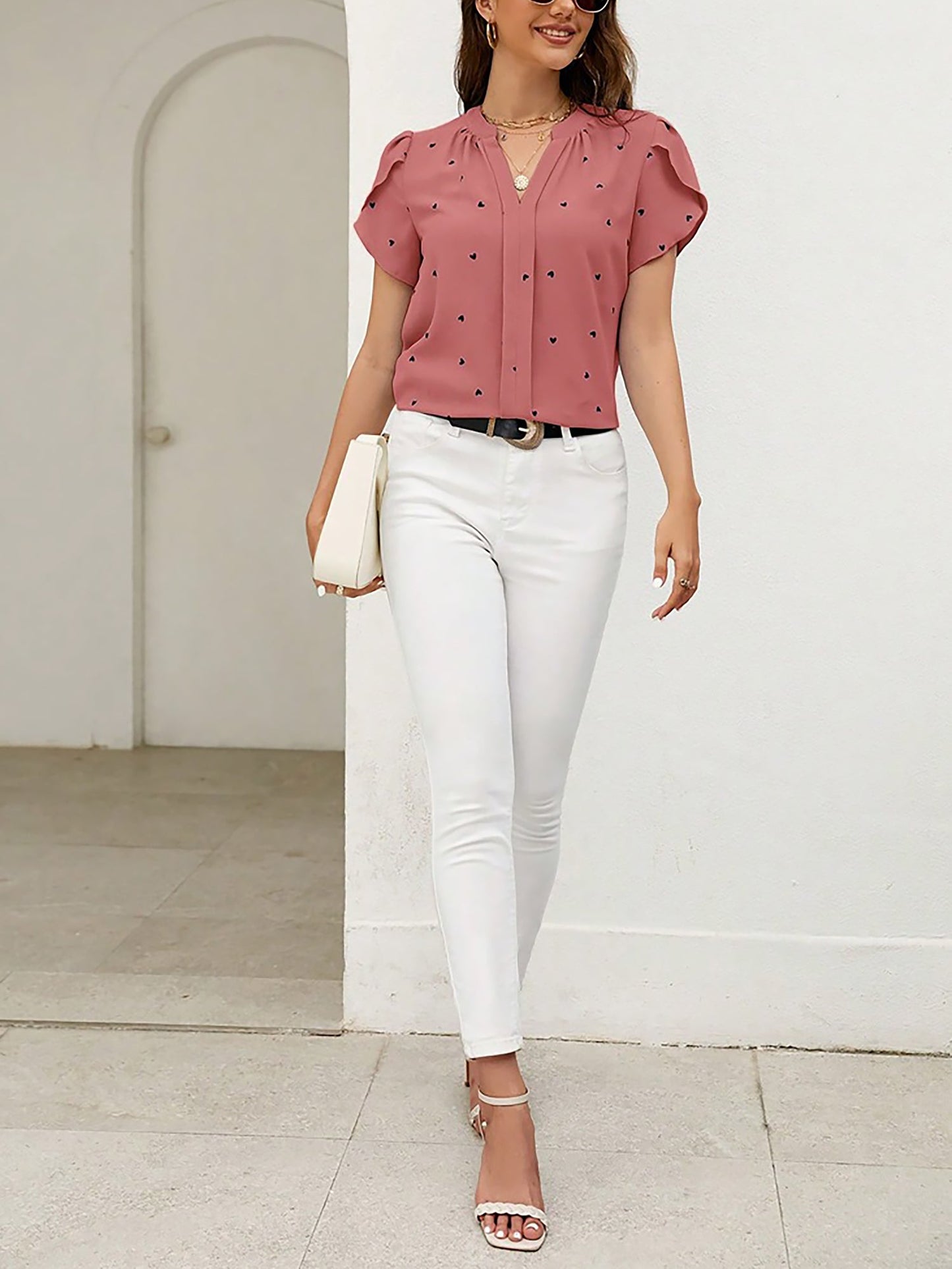 Notch Neck Heart Print Short Sleeves Blouse