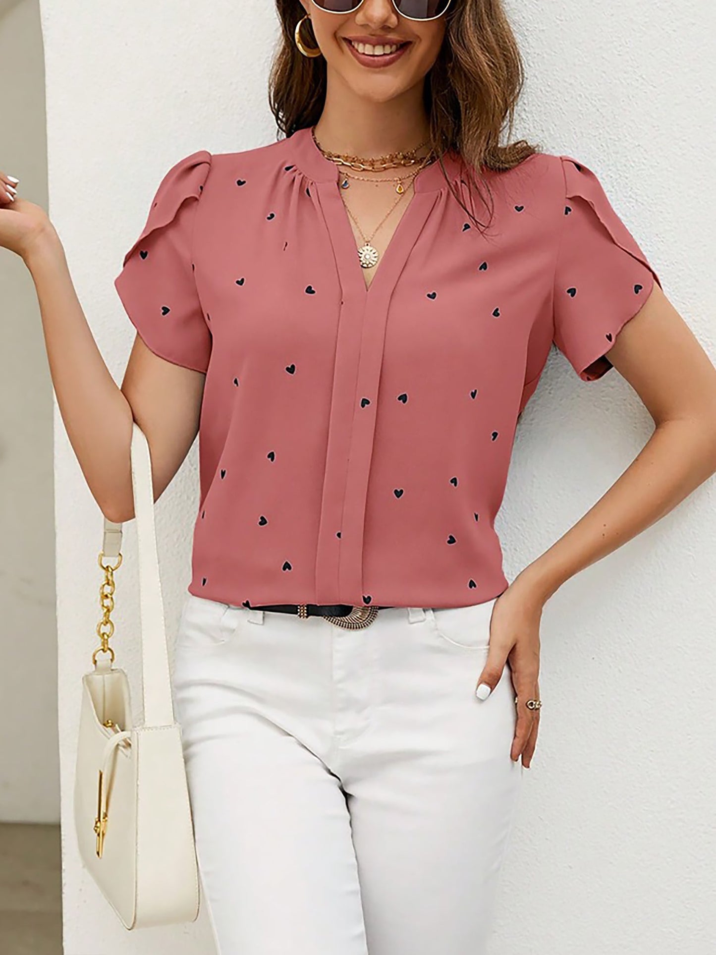 Notch Neck Heart Print Short Sleeves Blouse