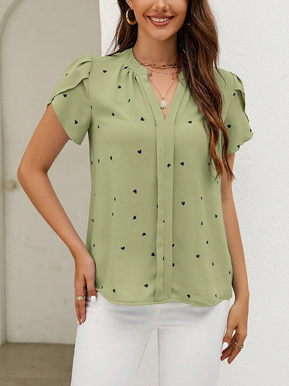 Notch Neck Heart Print Short Sleeves Blouse