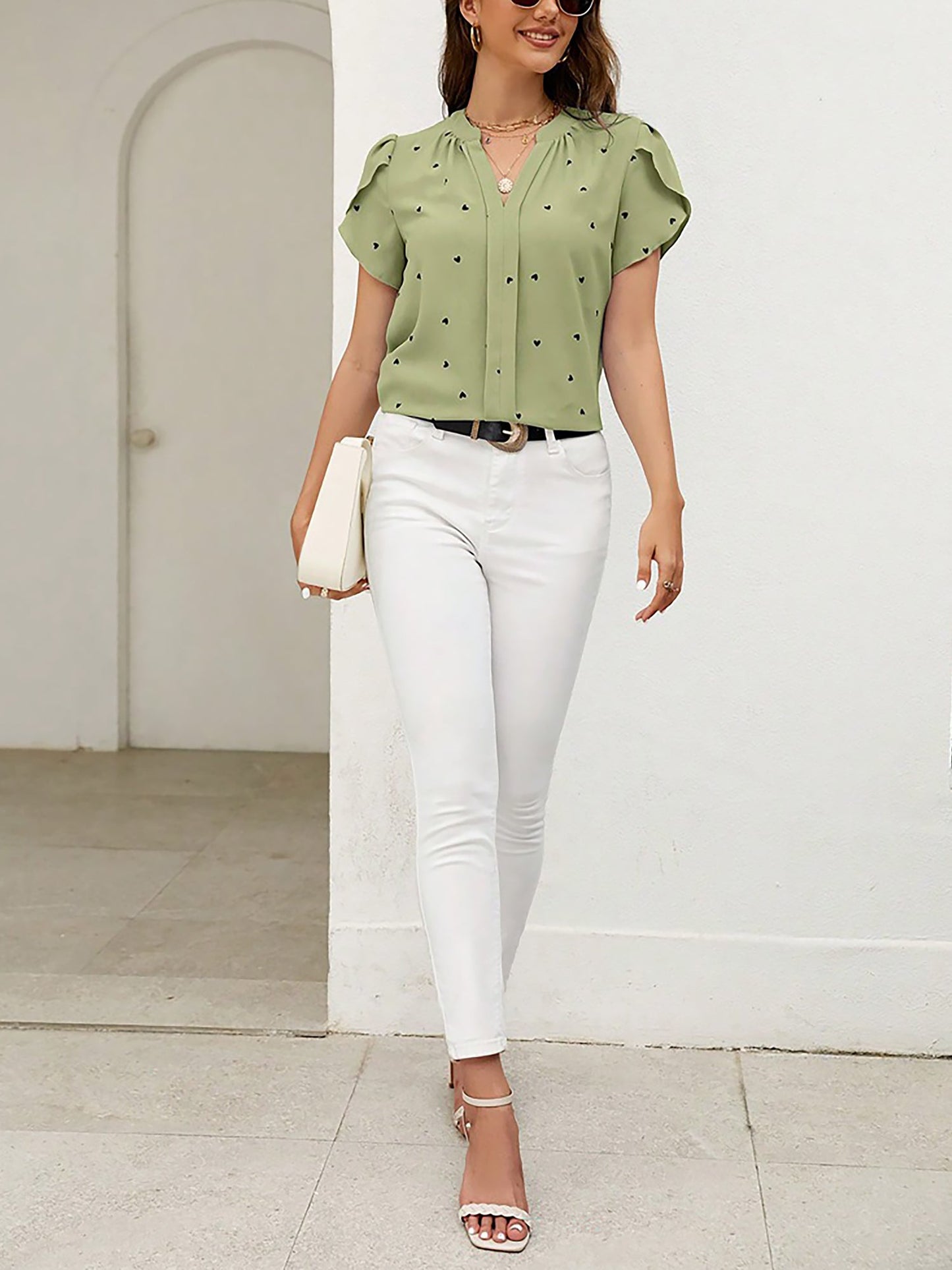 Notch Neck Heart Print Short Sleeves Blouse