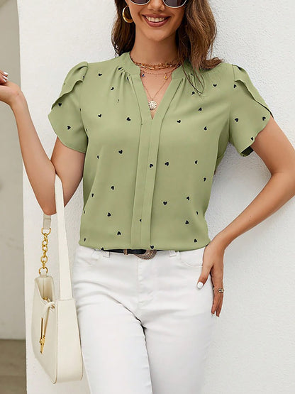 Notch Neck Heart Print Short Sleeves Blouse