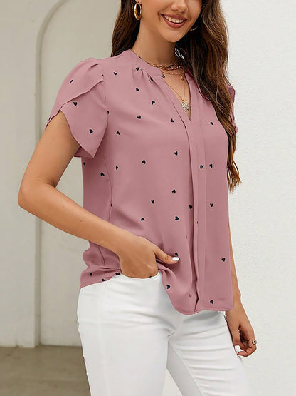 Notch Neck Heart Print Short Sleeves Blouse