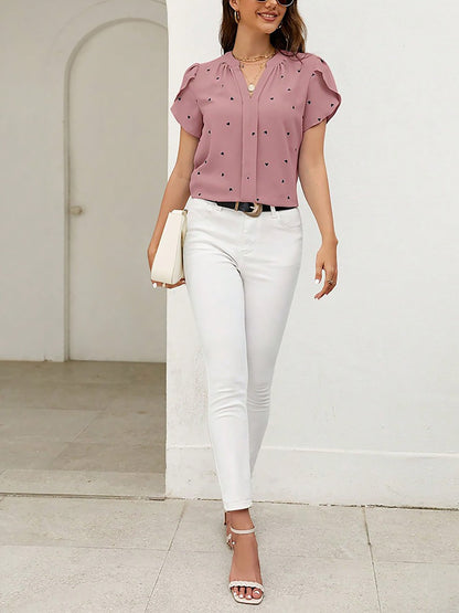 Notch Neck Heart Print Short Sleeves Blouse
