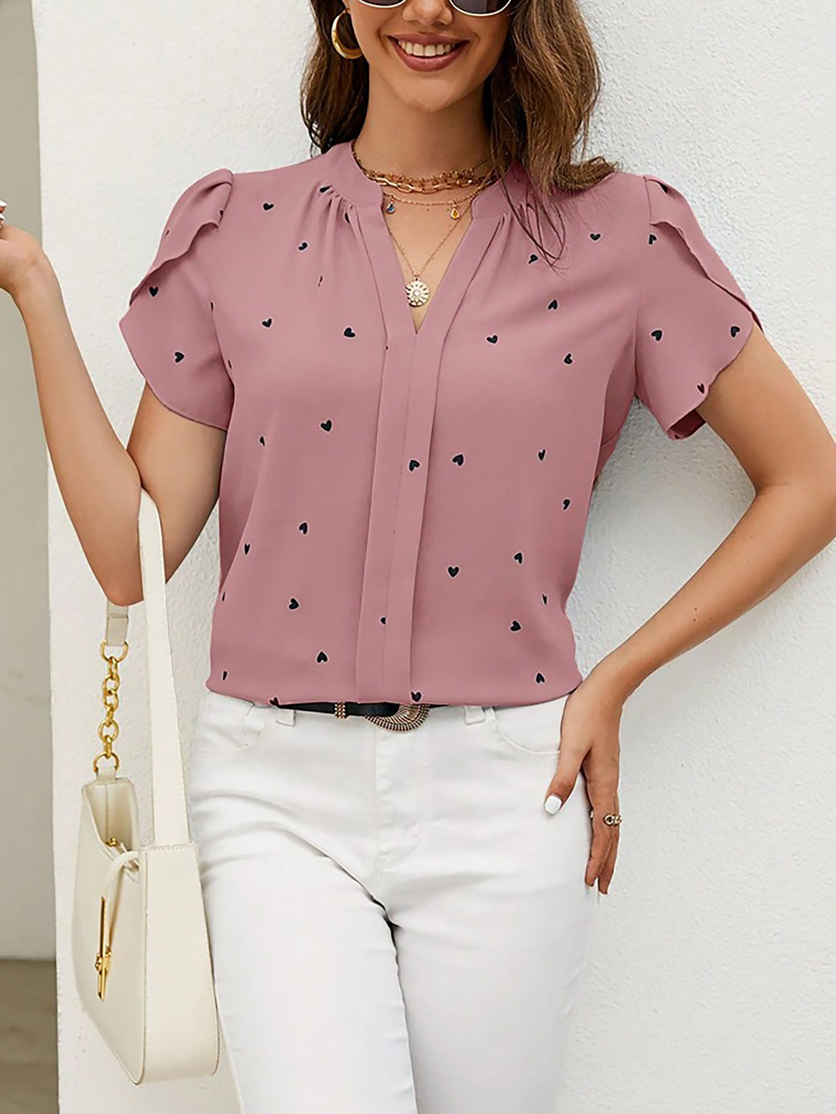 Notch Neck Heart Print Short Sleeves Blouse