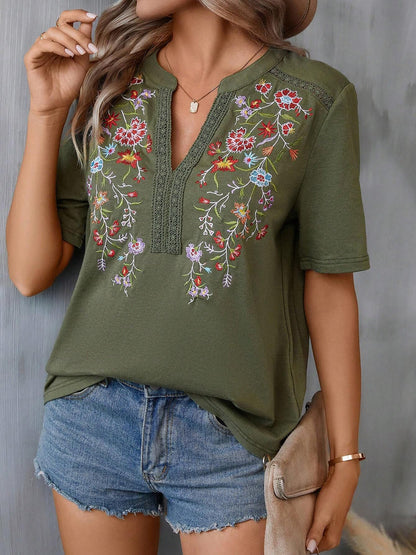 Embroidery Notch Neck Short Sleeves Casual Blouse