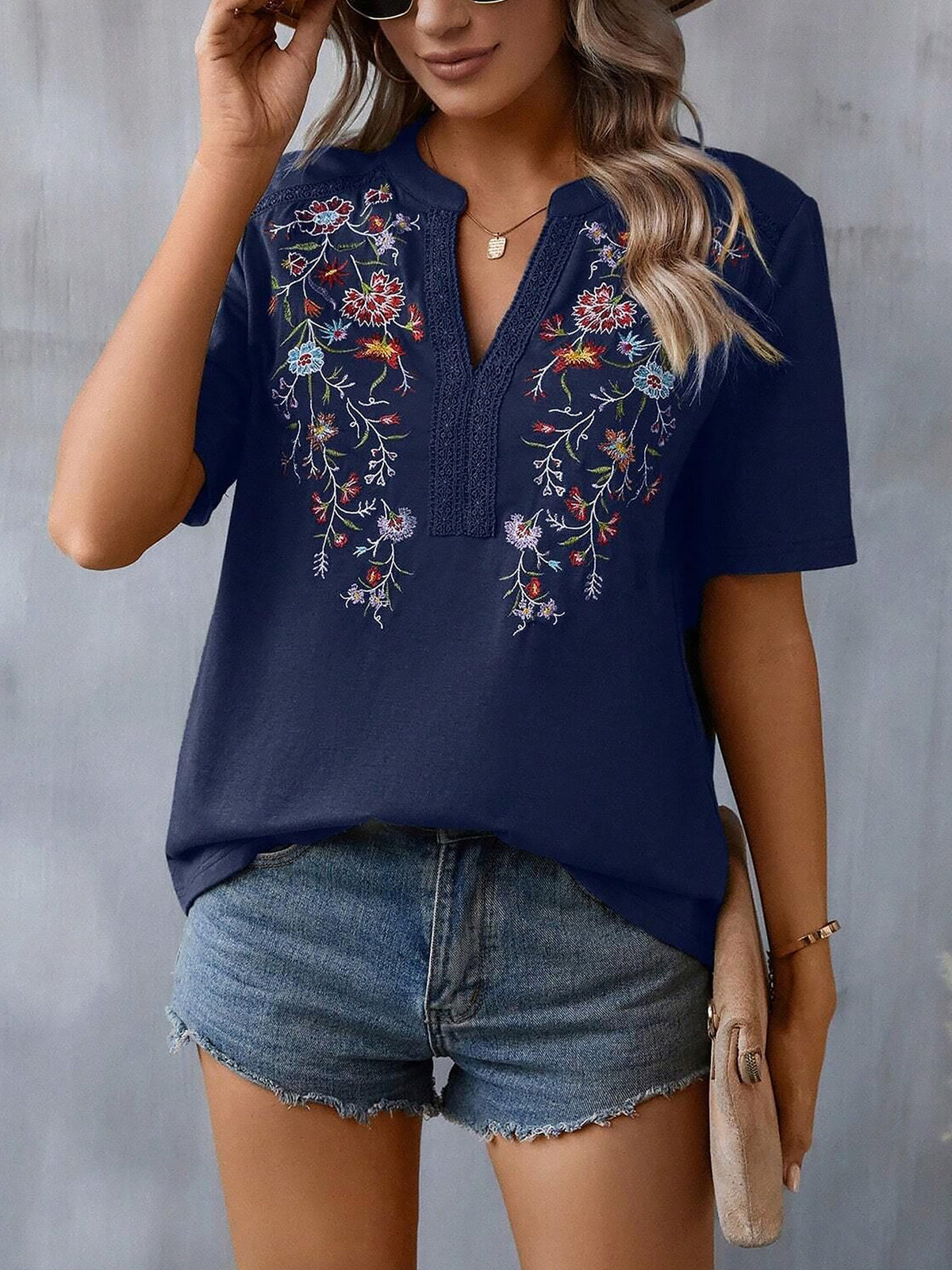 Embroidery Notch Neck Short Sleeves Casual Blouse