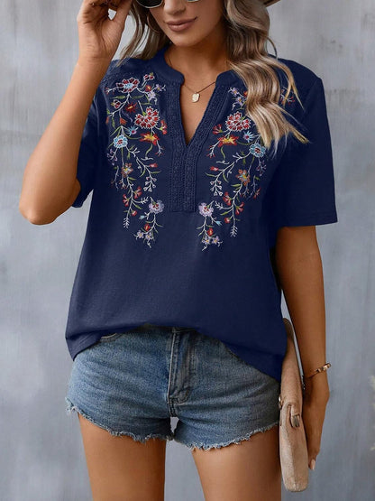 Embroidery Notch Neck Short Sleeves Casual Blouse
