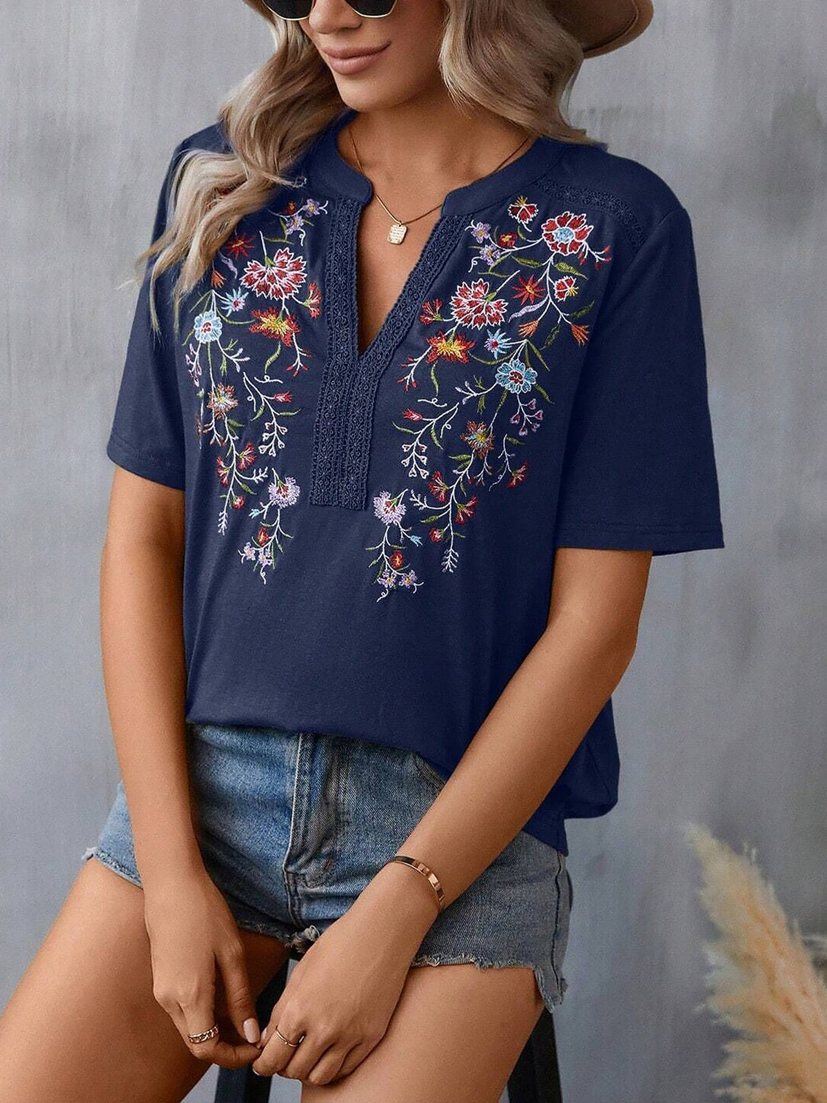 Embroidery Notch Neck Short Sleeves Casual Blouse