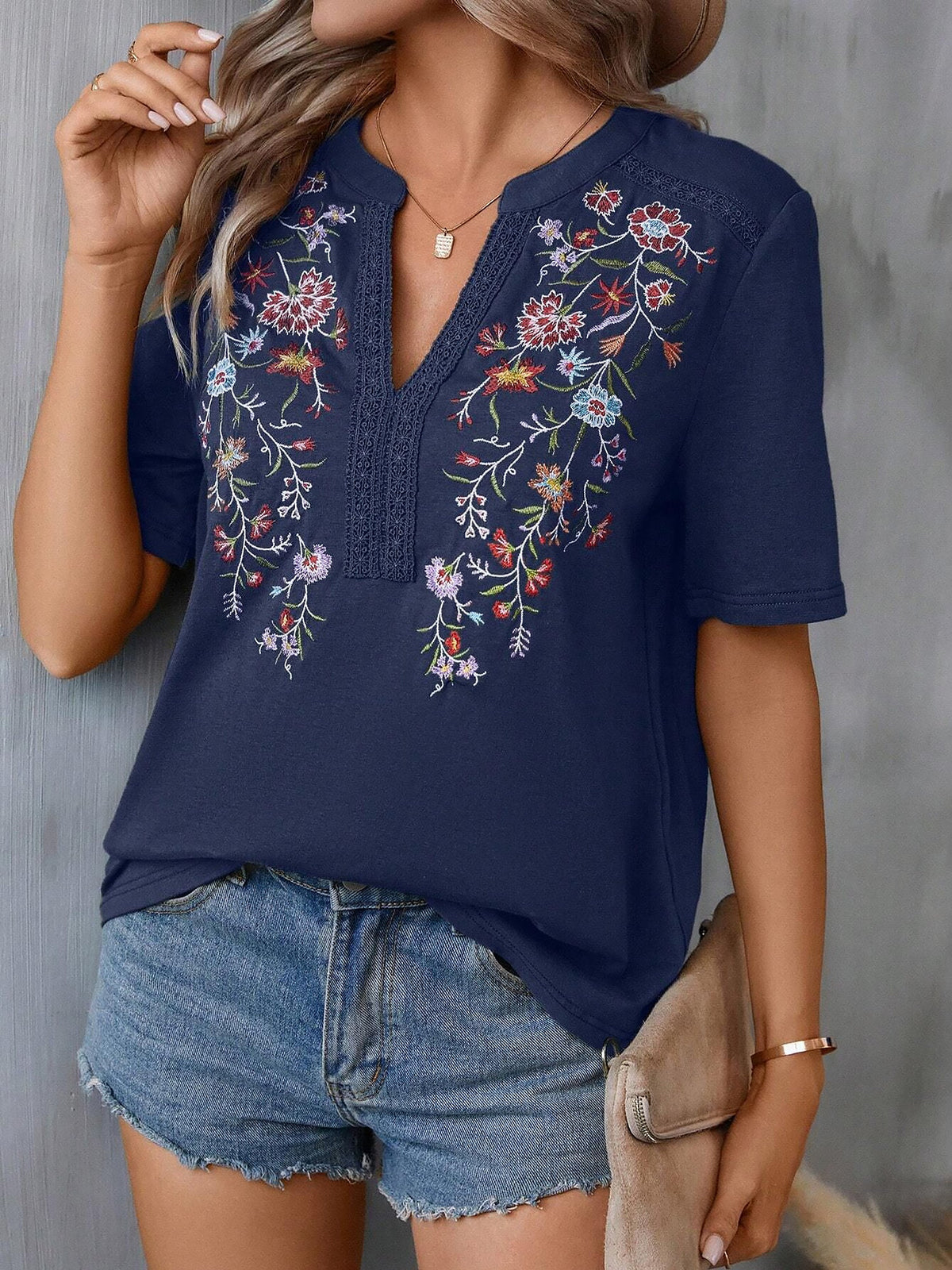 Embroidery Notch Neck Short Sleeves Casual Blouse