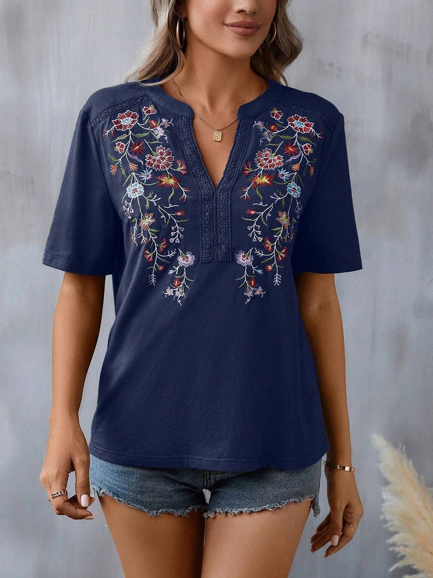 Embroidery Notch Neck Short Sleeves Casual Blouse
