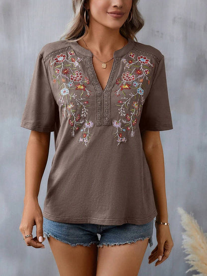 Embroidery Notch Neck Short Sleeves Casual Blouse