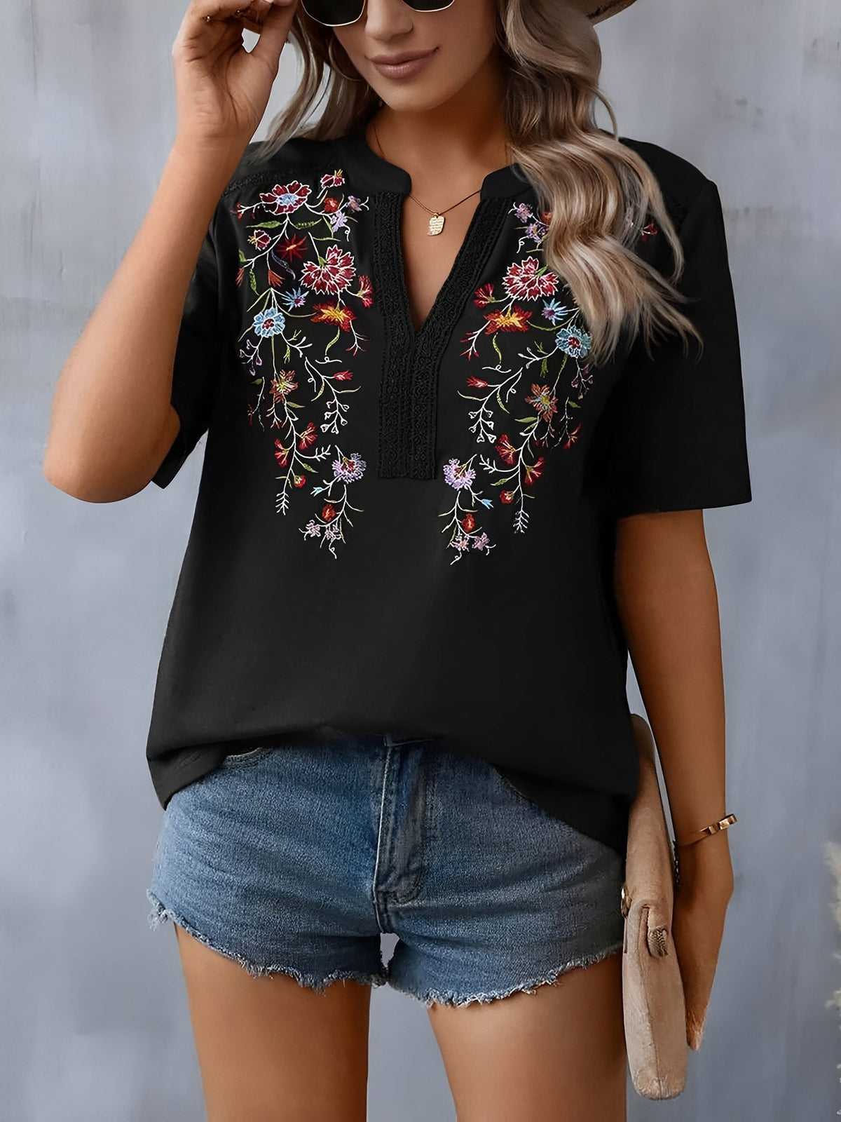 Embroidery Notch Neck Short Sleeves Casual Blouse