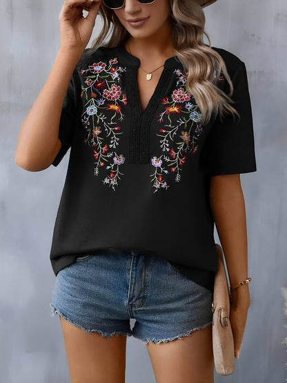 Embroidery Notch Neck Short Sleeves Casual Blouse