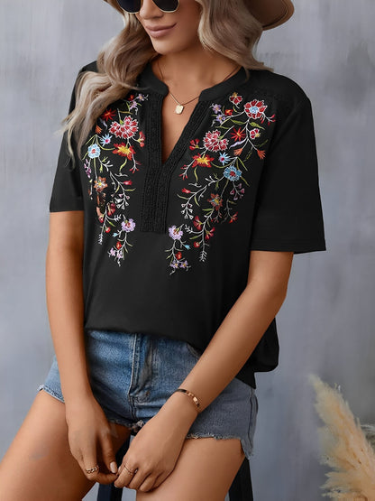 Embroidery Notch Neck Short Sleeves Casual Blouse