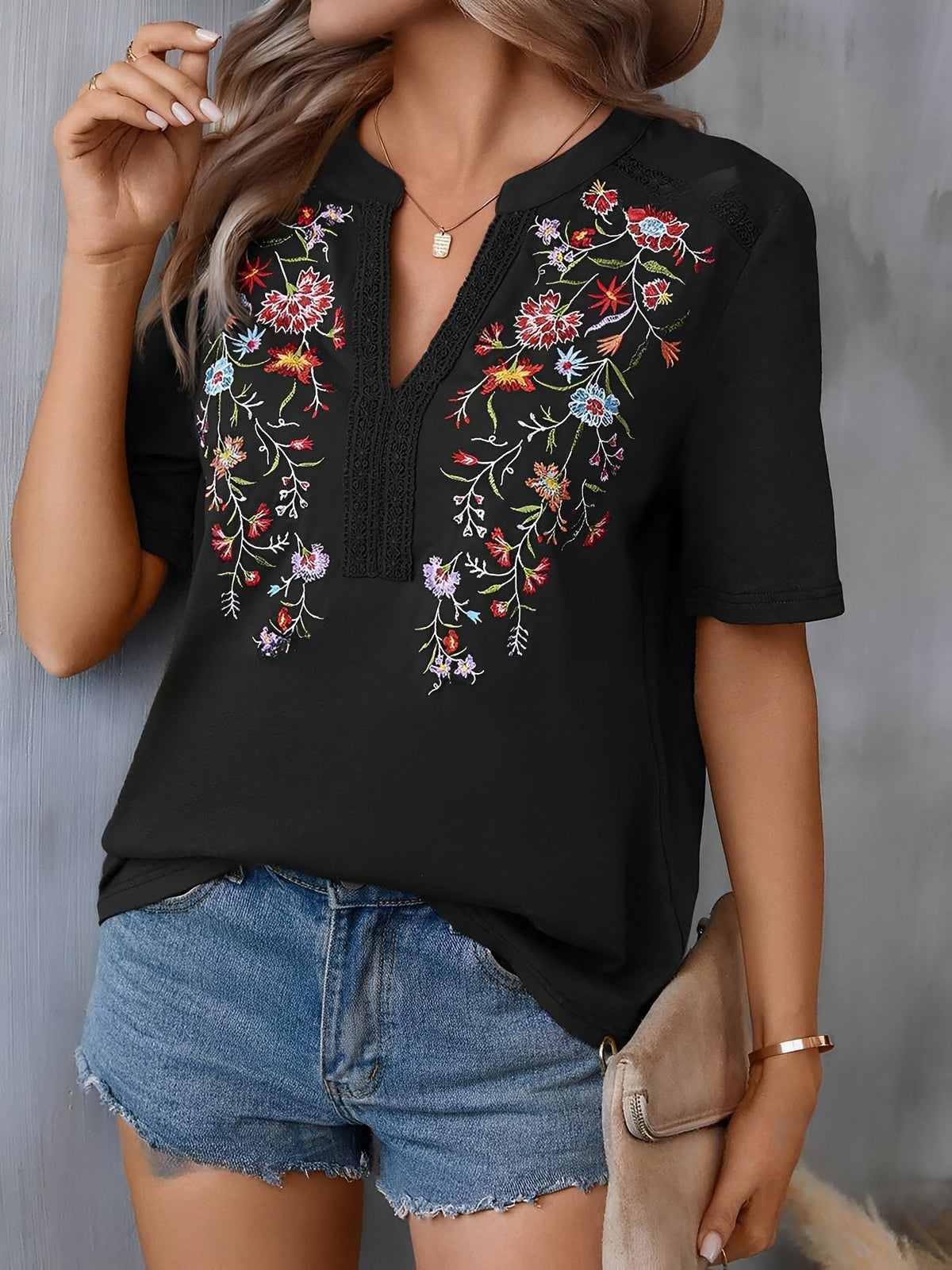 Embroidery Notch Neck Short Sleeves Casual Blouse