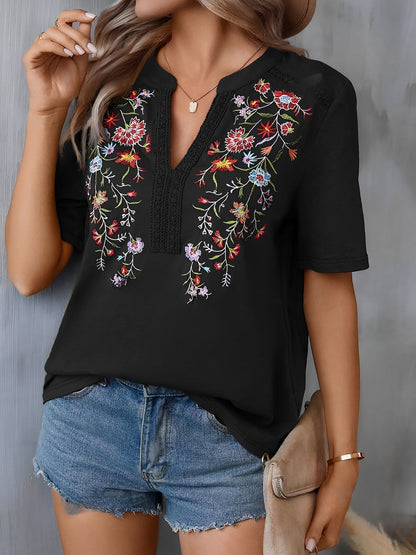 Embroidery Notch Neck Short Sleeves Casual Blouse