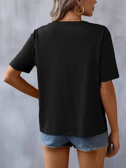 Embroidery Notch Neck Short Sleeves Casual Blouse