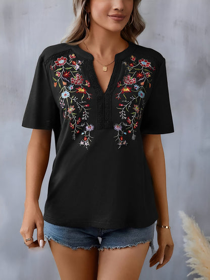 Embroidery Notch Neck Short Sleeves Casual Blouse