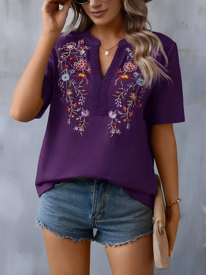 Embroidery Notch Neck Short Sleeves Casual Blouse
