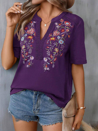 Embroidery Notch Neck Short Sleeves Casual Blouse