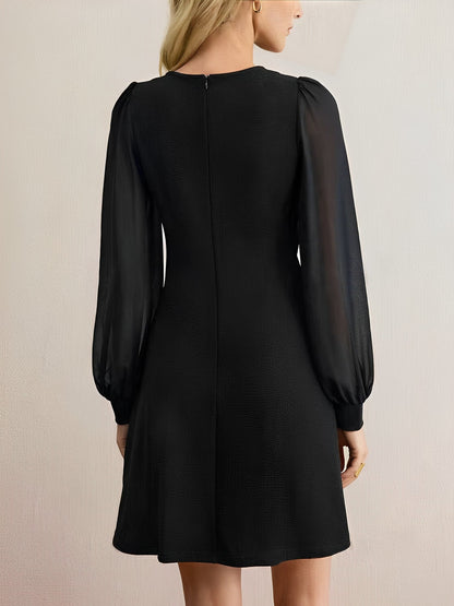 Classic Round Neck with Timeless Button Front Long Sleeve A-Line Casual Dress