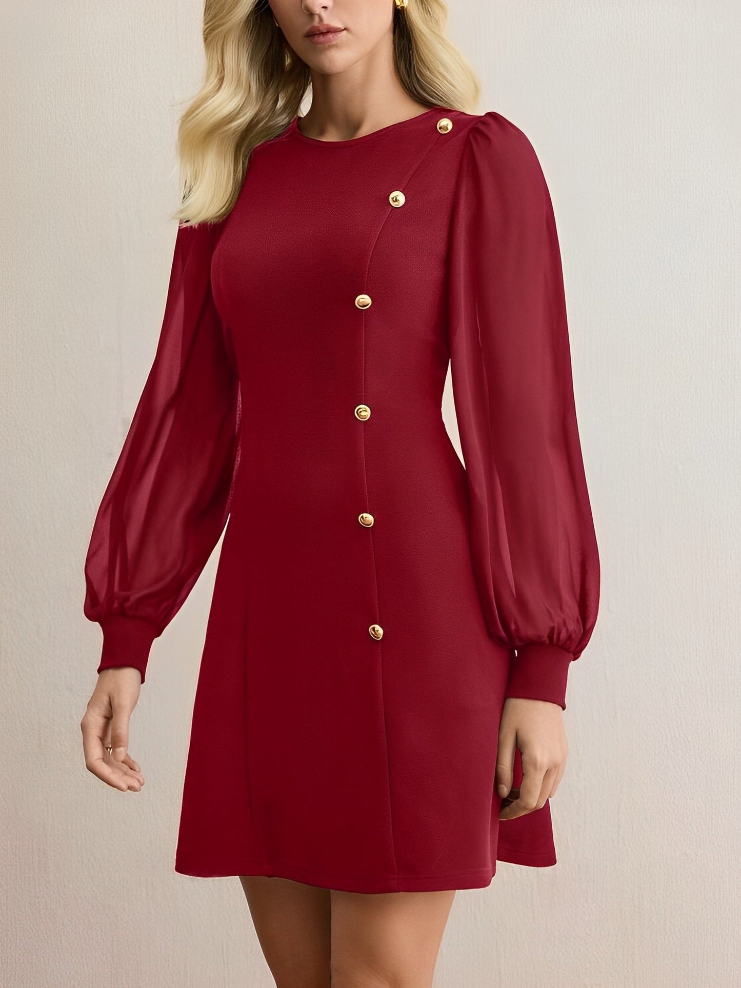 Classic Round Neck with Timeless Button Front Long Sleeve A-Line Casual Dress