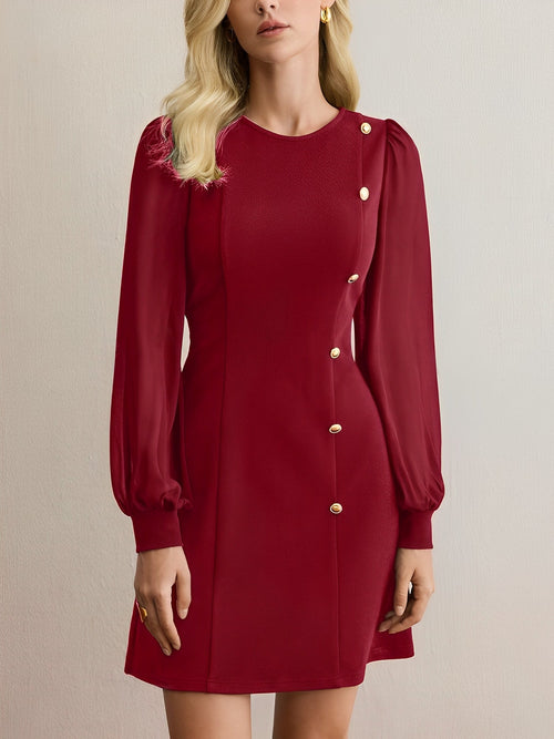 Classic Round Neck with Timeless Button Front Long Sleeve A-Line Casual Dress