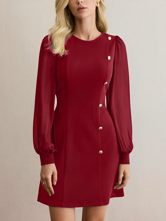 Classic Round Neck with Timeless Button Front Long Sleeve A-Line Casual Dress