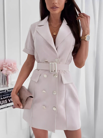 Tailored Fit & Waist Cinch Notched Lapel Double Breasted Belted Mini Office Chic Blazer Dress