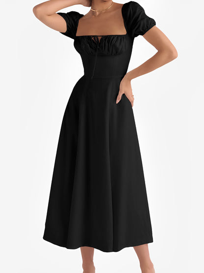 Flattering A-Line Silhouette with Asymmetrical Ruches Puff Sleeve Solid Color Ruched Midi A-Line Date Nights & Garden Parties Dress